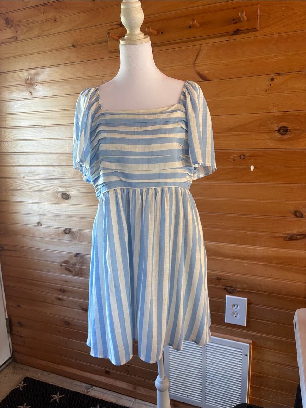 LC Lauren Conrad Blue and White Striped Square-Neck Babydoll Dress